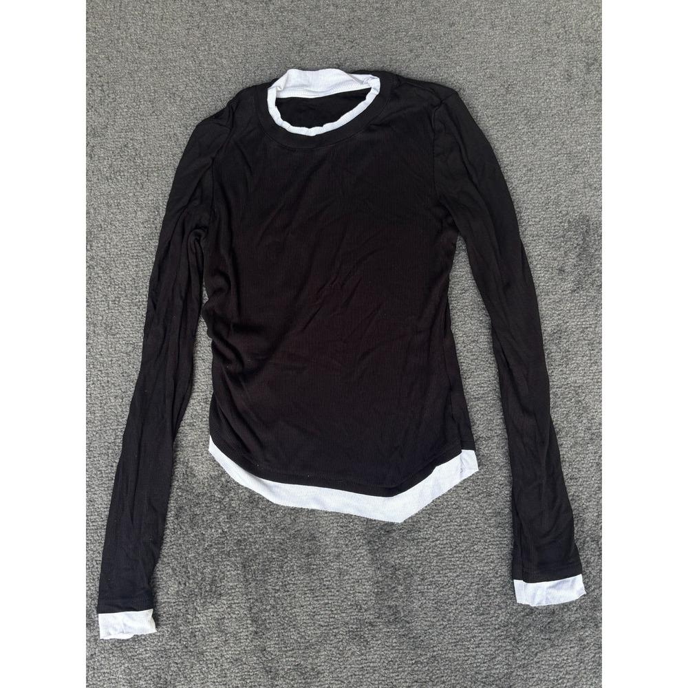 Commense Sweater Women's XS Black White Knit Stretch Crew Neck Long Sleeve